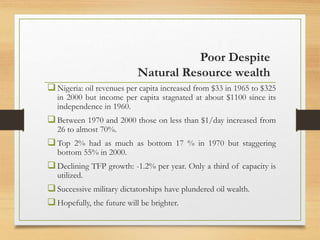 Poor Despite
Natural Resource wealth
Nigeria: oil revenues per capita increased from $33 in 1965 to $325
in 2000 but income per capita stagnated at about $1100 since its
independence in 1960.
Between 1970 and 2000 those on less than $1/day increased from
26 to almost 70%.
Top 2% had as much as bottom 17 % in 1970 but staggering
bottom 55% in 2000.
Declining TFP growth: -1.2% per year. Only a third of capacity is
utilized.
Successive military dictatorships have plundered oil wealth.
Hopefully, the future will be brighter.
 