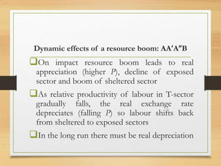Dynamic effects of a resource boom: AAAB
On impact resource boom leads to real
appreciation (higher P), decline of exposed
sector and boom of sheltered sector
As relative productivity of labour in T-sector
gradually falls, the real exchange rate
depreciates (falling P) so labour shifts back
from sheltered to exposed sectors
In the long run there must be real depreciation
 