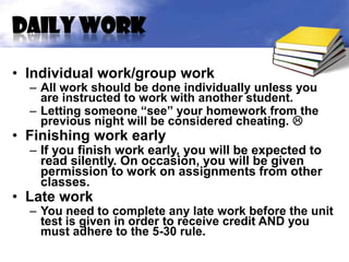 Daily work

• Individual work/group work
  – All work should be done individually unless you
    are instructed to work with another student.
  – Letting someone “see” your homework from the
    previous night will be considered cheating. 
• Finishing work early
  – If you finish work early, you will be expected to
    read silently. On occasion, you will be given
    permission to work on assignments from other
    classes.
• Late work
  – You need to complete any late work before the unit
    test is given in order to receive credit AND you
    must adhere to the 5-30 rule.
 