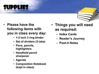 supplies


• Please have the                 • Things you will need
  following items with              as required:
  you in class every day:           – Index Cards
     • 1-2 inch 3 ring binder       – Reader’s Journey
     • Set of dividers (3 tabs)
                                    – Post-it Notes
     • Pens, pencils,
       highlighters
     • Handheld pencil
       sharpener
     • Agenda
     • Composition Notebook
       (kept in class)
 