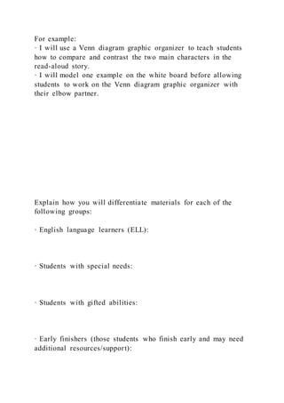 For example:
· I will use a Venn diagram graphic organizer to teach students
how to compare and contrast the two main characters in the
read-aloud story.
· I will model one example on the white board before allowing
students to work on the Venn diagram graphic organizer with
their elbow partner.
Explain how you will differentiate materials for each of the
following groups:
· English language learners (ELL):
· Students with special needs:
· Students with gifted abilities:
· Early finishers (those students who finish early and may need
additional resources/support):
 