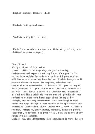 · English language learners (ELL):
· Students with special needs:
· Students with gifted abilities:
· Early finishers (those students who finish early and may need
additional resources/support):
Time Needed
Multiple Means of Expression
Learners differ in the ways they navigate a learning
environment and express what they know. Your goal in this
section is to explain the various ways in which your students
will demonstrate what they have learned. Explain how you will
provide alternative means for response, selection, and
composition to accommodate all learners. Will you tier any of
these products? Will you offer students choices to demonstrate
mastery? This section is essentially differentiated assessment.
In a bulleted list, explain the options you will provide for your
students to express their knowledge about the topic. For
example, students may demonstrate their knowledge in more
summative ways through a short answer or multiple-choice test,
multimedia presentation, video, speech to text, website, written
sentence, paragraph, essay, poster, portfolio, hands-on project,
experiment, reflection, blog post, or skit. Bold the names of any
summative assessments.
Students may also demonstrate their knowledge in ways that are
 