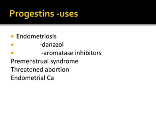 Mild-Nausea, mastalgia, breakthrough bleeding,
edema, headache
 Moderate-break through bleeding, weight gain, skin
pigmentation, hirsuitism, bacteruria, vaginal
infections and amenorrhoea
 Severe –venous thromboembolism, myocardial
infarction, cerebrovascular disease, GI disorders-
cholestatic jaundice, depression, cancer
 