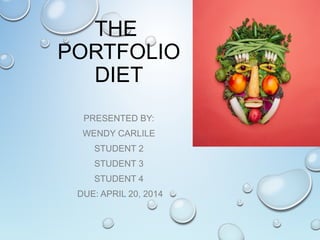 THE
PORTFOLIO
DIET
PRESENTED BY:
WENDY CARLILE
STUDENT 2
STUDENT 3
STUDENT 4
DUE: APRIL 20, 2014
 