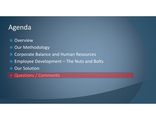 Overview
Our Methodology
Corporate Balance and Human Resources
Employee Development – The Nuts and Bolts
Our Solution
Questions / Comments
Agenda
 
