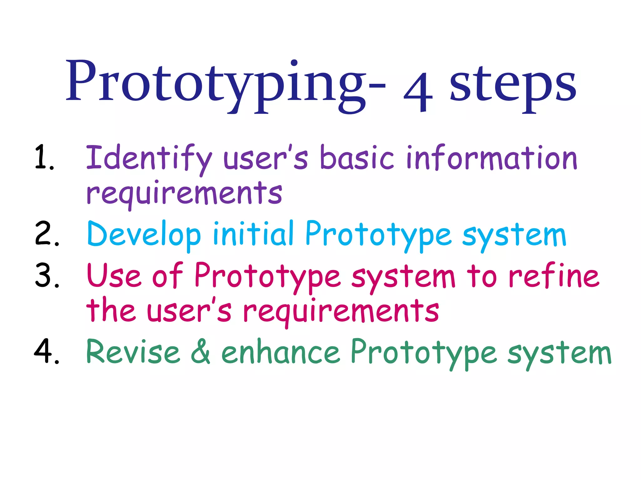 Prototyping- 4 steps
1. Identify user’s basic information
requirements
2. Develop initial Prototype system
3. Use of Prototype system to refine
the user’s requirements
4. Revise & enhance Prototype system

 