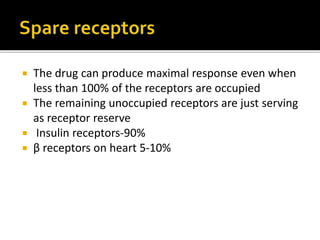  The drug can produce maximal response even when
less than 100% of the receptors are occupied
 The remaining unoccupied receptors are just serving
as receptor reserve
 Insulin receptors-90%
 β receptors on heart 5-10%
 