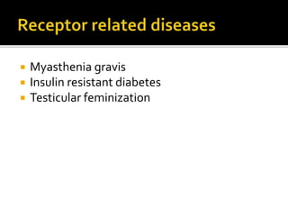  Myasthenia gravis
 Insulin resistant diabetes
 Testicular feminization
 
