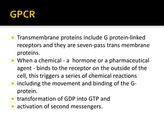  Transmembrane proteins include G protein-linked
receptors and they are seven-pass trans membrane
proteins.
 When a chemical - a hormone or a pharmaceutical
agent - binds to the receptor on the outside of the
cell, this triggers a series of chemical reactions
 including the movement and binding of the G-
protein.
 transformation of GDP into GTP and
 activation of second messengers.
 