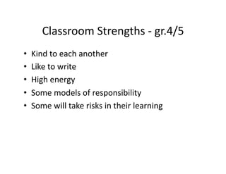 Classroom	
  Strengths	
  -­‐	
  gr.4/5	
  
•    Kind	
  to	
  each	
  another	
  
•    Like	
  to	
  write	
  
•    High	
  energy	
  
•    Some	
  models	
  of	
  responsibility	
  
•    Some	
  will	
  take	
  risks	
  in	
  their	
  learning	
  
 