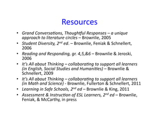 Resources	
  	
  
•  Grand	
  Conversa6ons,	
  ThoughBul	
  Responses	
  –	
  a	
  unique	
  
   approach	
  to	
  literature	
  circles	
  –	
  Brownlie,	
  2005	
  
•  Student	
  Diversity,	
  2nd	
  ed.	
  –	
  Brownlie,	
  Feniak	
  &	
  Schnellert,	
  
   2006	
  
•  Reading	
  and	
  Responding,	
  gr.	
  4,5,&6	
  –	
  Brownlie	
  &	
  Jeroski,	
  
   2006	
  
•  It’s	
  All	
  about	
  Thinking	
  –	
  collabora6ng	
  to	
  support	
  all	
  learners	
  
   (in	
  English,	
  Social	
  Studies	
  and	
  Humani6es)	
  –	
  Brownlie	
  &	
  
   Schnellert,	
  2009	
  
•  It’s	
  All	
  about	
  Thinking	
  –	
  collabora6ng	
  to	
  support	
  all	
  learners	
  
   (in	
  Math	
  and	
  Science)	
  -­‐	
  Brownlie,	
  Fullerton	
  &	
  Schnellert,	
  2011	
  
•  Learning	
  in	
  Safe	
  Schools,	
  2nd	
  ed	
  –	
  Brownlie	
  &	
  King,	
  2011	
  
•  Assessment	
  &	
  Instruc6on	
  of	
  ESL	
  Learners,	
  2nd	
  ed	
  –	
  Brownlie,	
  
   Feniak,	
  &	
  McCarthy,	
  in	
  press	
  
 