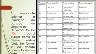 É importante 
salientar a 
formação do 
passado do 
verbo to be. 
O verbo to be 
não possui 
auxiliar como os 
demais verbos 
(did). Ele forma-se 
de acordo 
com a tabela ao 
lado. 
 