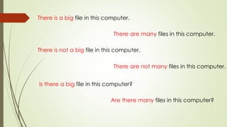 There is a big file in this computer. 
There are many files in this computer. 
There is not a big file in this computer. 
There are not many files in this computer. 
Is there a big file in this computer? 
Are there many files in this computer? 
 