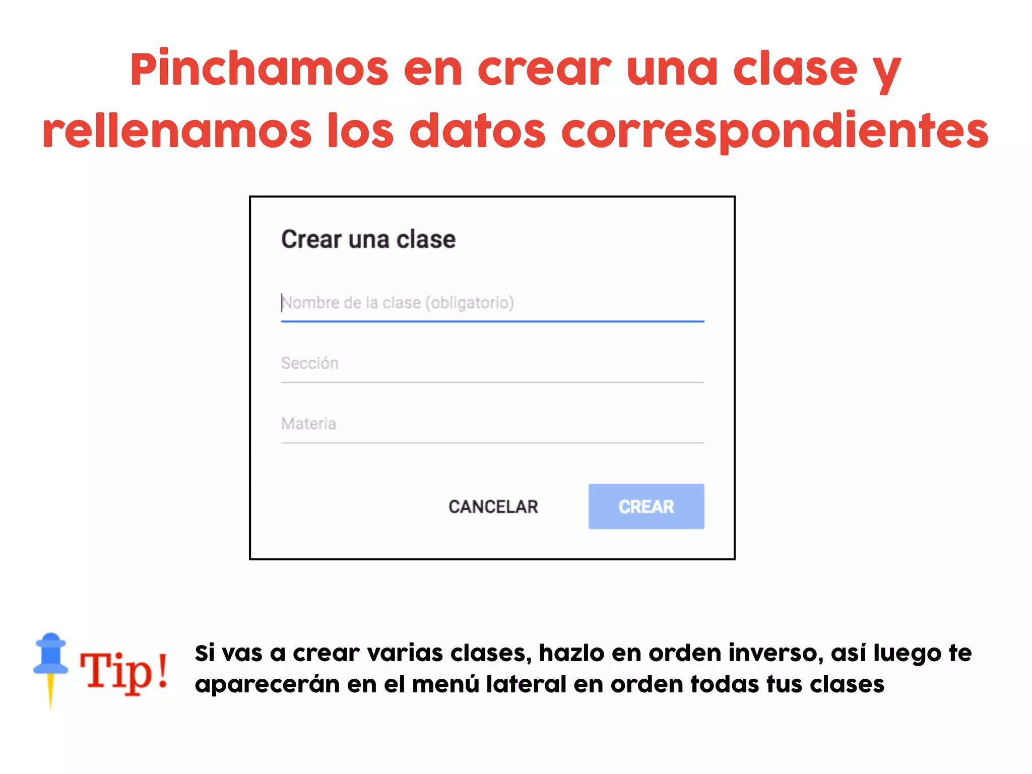 Pinchamos en crear una clase y
rellenamos los datos correspondientes
Si vas a crear varias clases, hazlo en orden inverso, así luego te
aparecerán en el menú lateral en orden todas tus clases
 