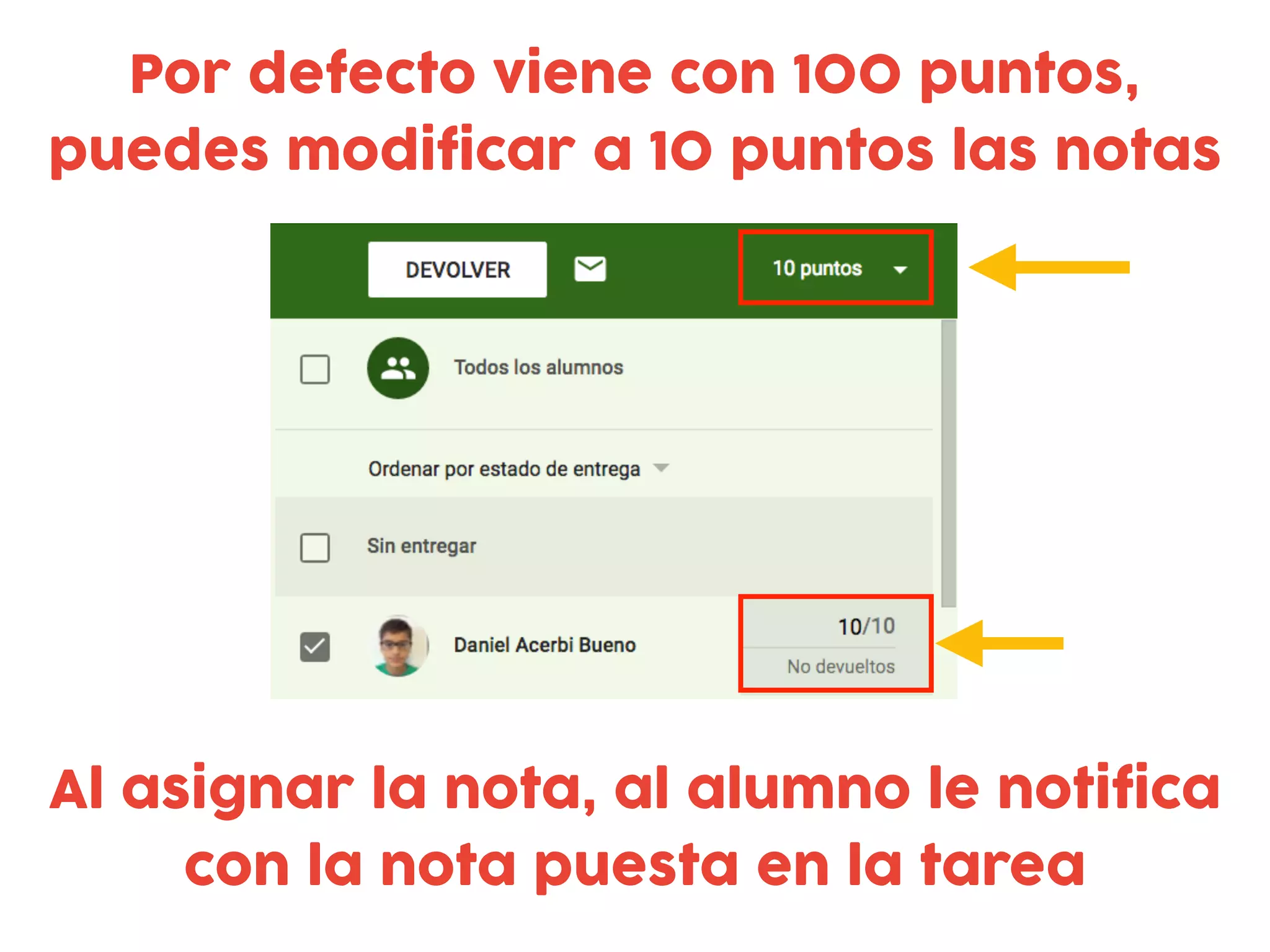 Por defecto viene con 100 puntos,
puedes modificar a 10 puntos las notas
Al asignar la nota, al alumno le notifica
con la nota puesta en la tarea
 
