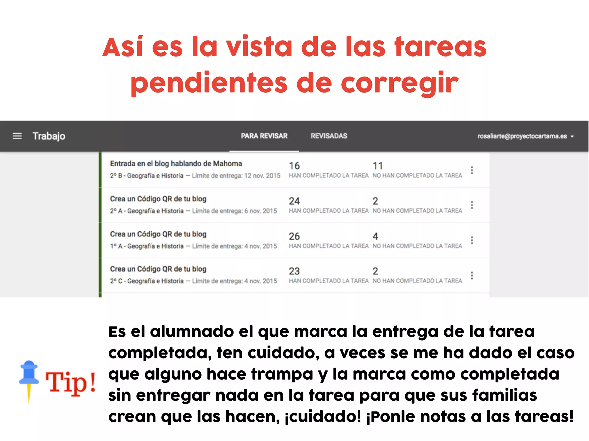 Así es la vista de las tareas
pendientes de corregir
Es el alumnado el que marca la entrega de la tarea
completada, ten cuidado, a veces se me ha dado el caso
que alguno hace trampa y la marca como completada
sin entregar nada en la tarea para que sus familias
crean que las hacen, ¡cuidado! ¡Ponle notas a las tareas!
 