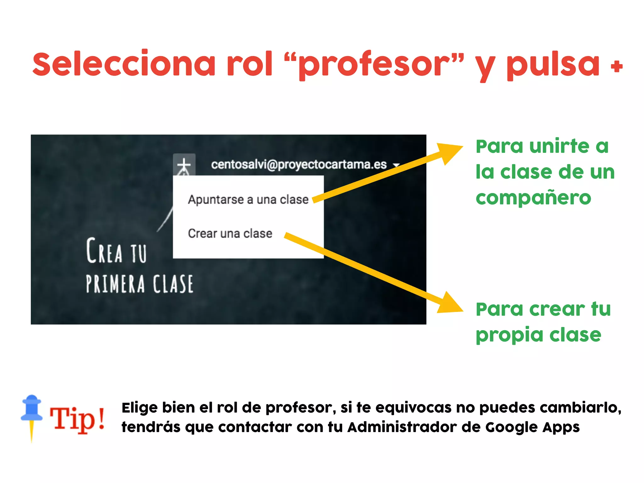Selecciona rol “profesor” y pulsa +
Elige bien el rol de profesor, si te equivocas no puedes cambiarlo,
tendrás que contactar con tu Administrador de Google Apps
Para unirte a
la clase de un
compañero
Para crear tu
propia clase
 