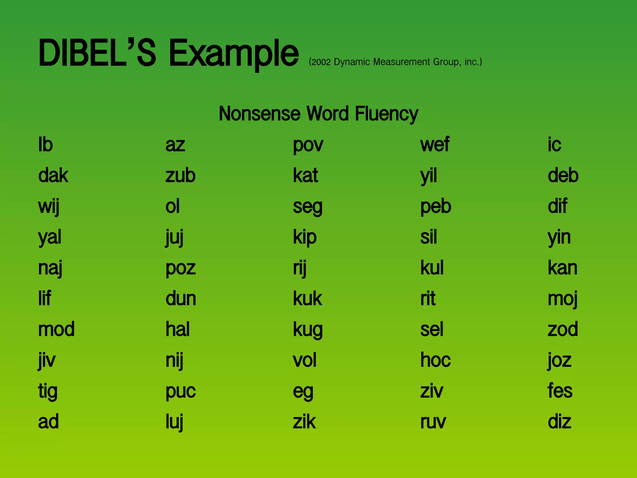 DIBEL ’ S Example  (2002 Dynamic Measurement Group, inc.) Nonsense Word Fluency Ib az pov wef ic dak zub kat yil deb wij ol seg peb dif yal juj kip sil yin naj poz rij kul kan lif dun kuk rit moj mod hal kug sel zod jiv nij vol hoc joz tig  puc eg ziv fes ad luj zik ruv diz 