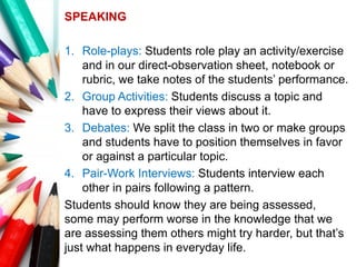 SPEAKING
1. Role-plays: Students role play an activity/exercise
and in our direct-observation sheet, notebook or
rubric, we take notes of the students’ performance.
2. Group Activities: Students discuss a topic and
have to express their views about it.
3. Debates: We split the class in two or make groups
and students have to position themselves in favor
or against a particular topic.
4. Pair-Work Interviews: Students interview each
other in pairs following a pattern.
Students should know they are being assessed,
some may perform worse in the knowledge that we
are assessing them others might try harder, but that’s
just what happens in everyday life.
 