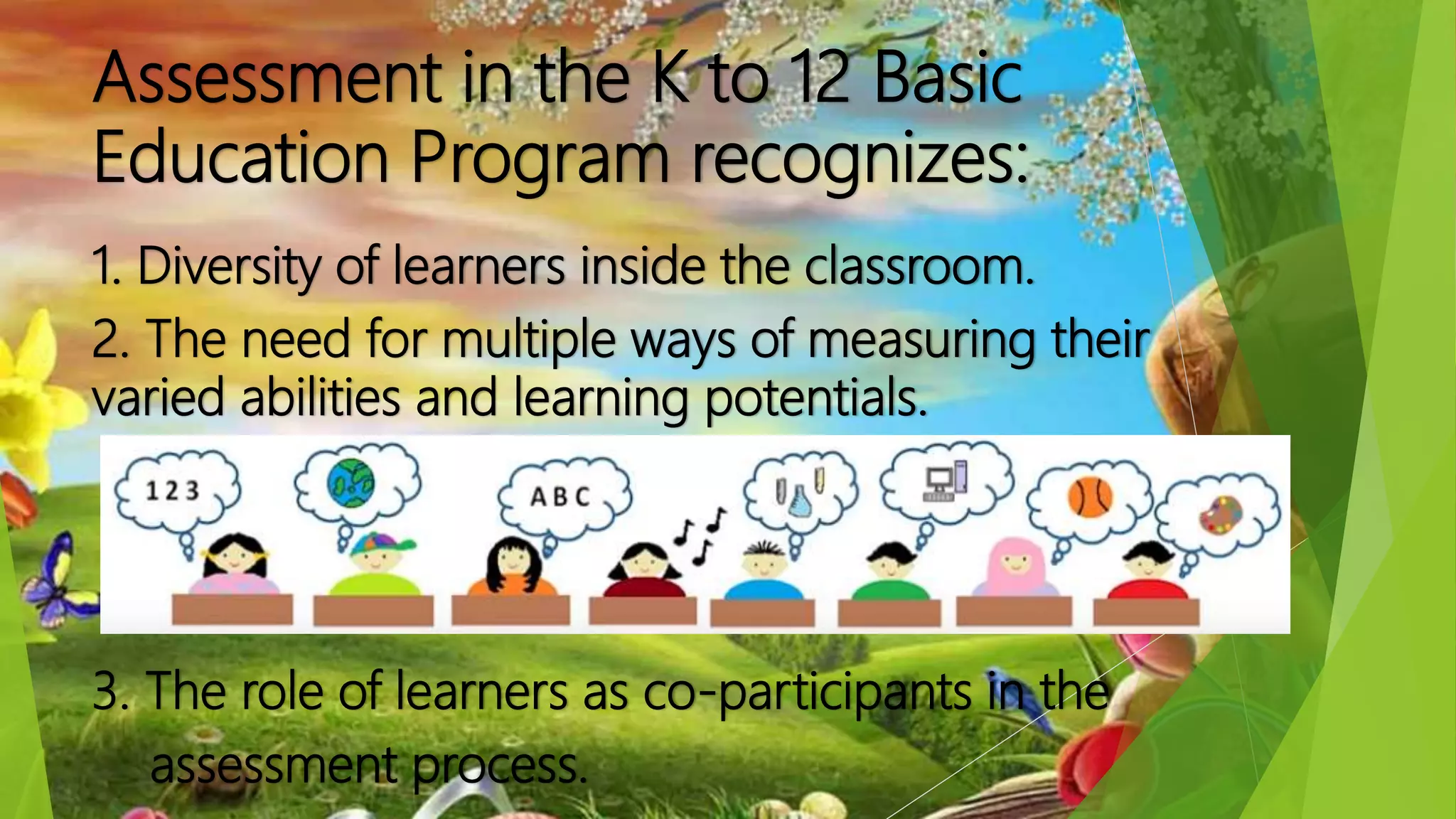 Assessment in the K to 12 Basic
Education Program recognizes:
1. Diversity of learners inside the classroom.
2. The need for multiple ways of measuring their
varied abilities and learning potentials.
3. The role of learners as co-participants in the
assessment process.
 