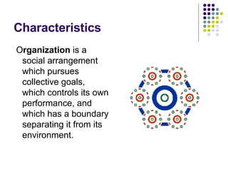 Characteristics O rganization  is a social arrangement which pursues collective goals, which controls its own performance, and which has a boundary separating it from its environment.  