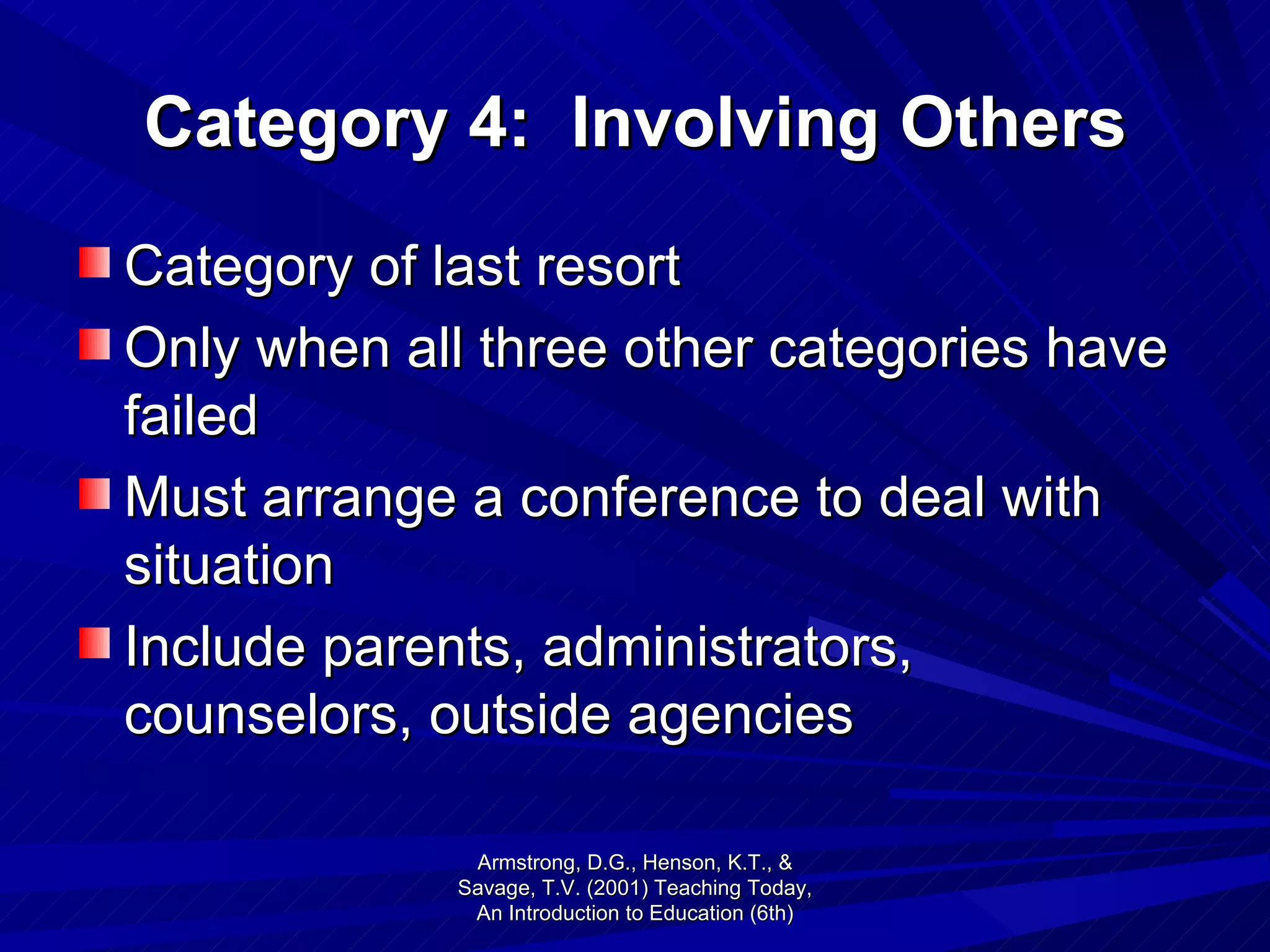 Category 4:  Involving Others Category of last resort Only when all three other categories have failed Must arrange a conference to deal with situation Include parents, administrators, counselors, outside agencies Armstrong, D.G., Henson, K.T., & Savage, T.V. (2001) Teaching Today, An Introduction to Education (6th) 