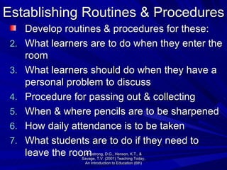Establishing Routines & Procedures Develop routines & procedures for these: What learners are to do when they enter the room What learners should do when they have a personal problem to discuss Procedure for passing out & collecting  When & where pencils are to be sharpened How daily attendance is to be taken What students are to do if they need to leave the room Armstrong, D.G., Henson, K.T., & Savage, T.V. (2001) Teaching Today, An Introduction to Education (6th) 