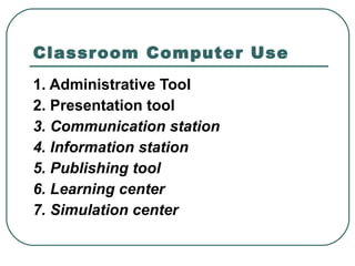 Classroom Computer Use   1. Administrative Tool  2. Presentation tool 3. Communication station  4. Information station  5. Publishing tool  6. Learning center  7. Simulation center 