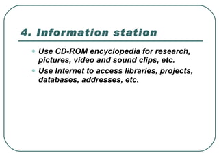 4. Information station  Use CD-ROM encyclopedia for research, pictures, video and sound clips, etc.  Use Internet to access libraries, projects, databases, addresses, etc.  