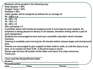 Students will be graded in the following way: Daily Quizzes = 20%   Chapter Tests = 30%   Portfolio = 50%   Letter grades will be assigned as follows for an average of: 90 - 100% = A   80 - 89% = B   70 - 79% = C   60 - 69% = D   59% and below = F   A portfolio which will include all assigned work is to be kept by each student. An emphasis is being placed on literacy in all classes, therefore writing will be a part of each assignment. Students are encouraged to have and use a scientific calculator which includes fractions. Tutoring is available each morning for 45 minutes before classes begin and during lunch time. Parents are encouraged to give support to their child in math, to visit the class at any time, or to contact me from 2:00 - 2:30 just to keep in touch. Please sign the tear-off section of this letter and return it to class tomorrow. Thank you, _________________________________ I have read the Student/Parent letter. Student _________________________________________________________ Parent/Guardian __________________________________________________ Date ______________ Class _______________________ Period ___________ 