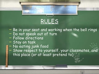 Be in your seat and working when the bell rings Do not speak out of turn Follow directions Stay on task No eating junk food Show respect to yourself, your classmates, and this place (or at least pretend to) RULES 