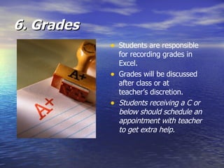 6. Grades Students are responsible for recording grades in Excel.  Grades will be discussed after class or at teacher’s discretion.  Students receiving a C or below should schedule an appointment with teacher to get extra help.   