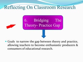 Reflecting On Classroom Research

              6.   Bridging     The
              Theory- Practice Gap


 Goals to narrow the gap between theory and practice,
 allowing teachers to become enthusiastic producers &
 consumers of educational research.
 