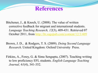 References

Bitchener, J., & Knoch, U. (2008). The value of written
  corrective feedback for migrant and international students.
  Language Teaching Research, 12(3), 409-431. Retrieved 07
  October 2011, from http://ltr.sagepub.com/content/12/3/409

Brown, J. D., & Rodgers, T. S. (2009). Doing Second Language
  Research. United Kingdom: Oxford University Press.

Firkins, A., Forey, G. & Sima Sengupta, (2007). Teaching writing
  to low proficiency EFL students. English Language Teaching
  Journal, 61(4), 341-352.
 