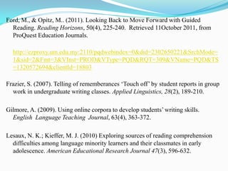Ford, M., & Opitz, M.. (2011). Looking Back to Move Forward with Guided
  Reading. Reading Horizons, 50(4), 225-240. Retrieved 11October 2011, from
  ProQuest Education Journals.

  http://ezproxy.um.edu.my:2110/pqdwebindex=0&did=2302650221&SrchMode=
  1&sid=2&Fmt=3&VInst=PROD&VType=PQD&RQT=309&VName=PQD&TS
  =1320572694&clientId=18803

Frazier, S. (2007). Telling of rememberances ‘Touch off’ by student reports in group
  work in undergraduate writing classes. Applied Linguistics, 28(2), 189-210.

Gilmore, A. (2009). Using online corpora to develop students’ writing skills.
  English Language Teaching Journal, 63(4), 363-372.

Lesaux, N. K.; Kieffer, M. J. (2010) Exploring sources of reading comprehension
  difficulties among language minority learners and their classmates in early
  adolescence. American Educational Research Journal 47(3), 596-632.
 