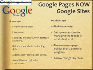 WikisAdvantagesFree (for education) online system. Wikispaces allows 2 GB online storage (PBWiki limits 50 MB). Page can be edited by approved members.Discussion link on top of every page.Saves draft pages and keeps versions. Allows embedding media and building tables on pages.DisadvantagesSet up own system for managing the feedback on student work. Does not allow organizing files into folders. Archived version does not save navigation menu. 