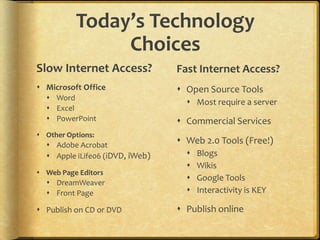 Today’s Technology ChoicesSlow Internet Access?Microsoft OfficeWordExcelPowerPointOther Options:Adobe AcrobatApple iLife06 (iDVD, iWeb)Web Page EditorsDreamWeaverFront PagePublish on CD or DVDFast Internet Access?Open Source ToolsMost require a serverCommercial ServicesWeb 2.0 Tools (Free!)BlogsWikisGoogle ToolsInteractivity is KEYPublish online