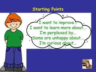 Starting Points


    I want to improve…
I want to learn more about…
     I’m perplexed by…
 Some are unhappy about…
    I’m curious about…
 
