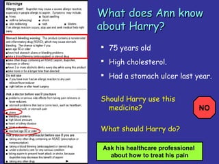 25
What does Ann knowWhat does Ann know
about Harry?about Harry?
 75 years old
 High cholesterol.
 Had a stomach ulcer last year.
Should Harry use this
medicine?
What should Harry do?
Ask his healthcare professional
about how to treat his pain
NO
 