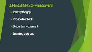 COREELEMENTSOFASSESSMENT
Identifythegap
Providefeedback
Student’sinvolvement
Learningprogress
 
