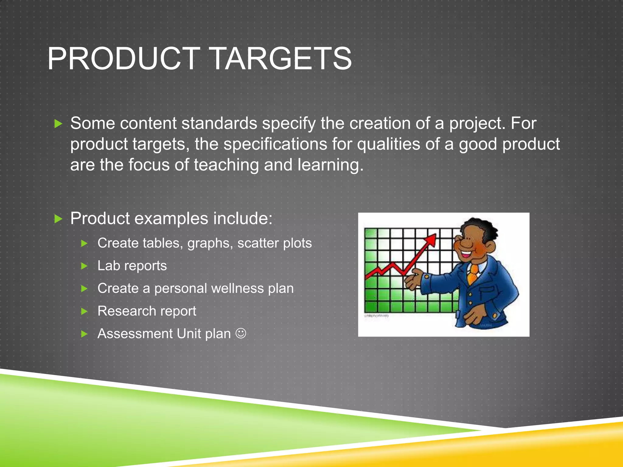 PRODUCT TARGETS
 Some content standards specify the creation of a project. For
product targets, the specifications for qualities of a good product
are the focus of teaching and learning.
 Product examples include:
 Create tables, graphs, scatter plots
 Lab reports
 Create a personal wellness plan
 Research report
 Assessment Unit plan 
 