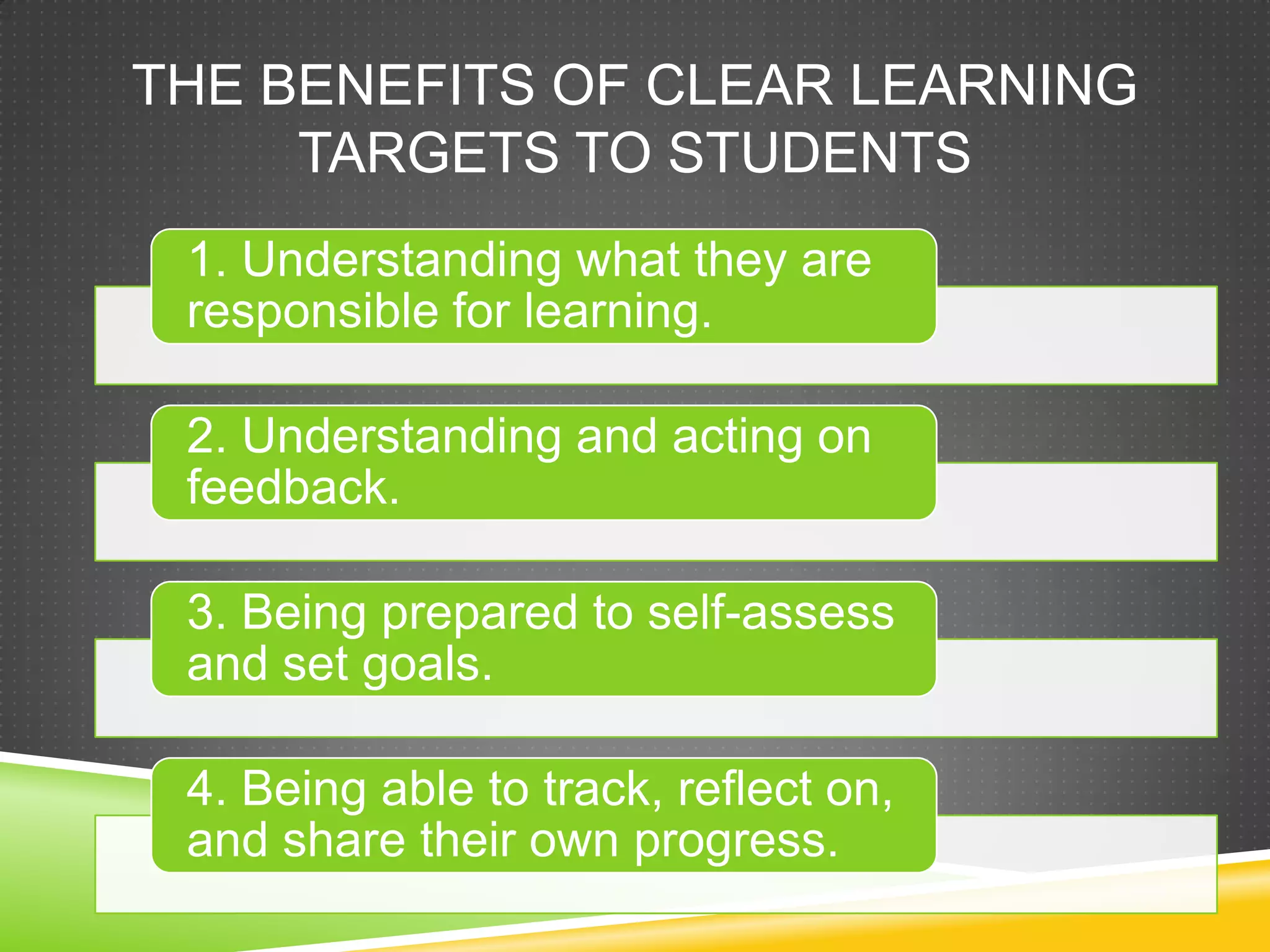 THE BENEFITS OF CLEAR LEARNING
TARGETS TO STUDENTS
1. Understanding what they are
responsible for learning.
2. Understanding and acting on
feedback.
3. Being prepared to self-assess
and set goals.
4. Being able to track, reflect on,
and share their own progress.
 