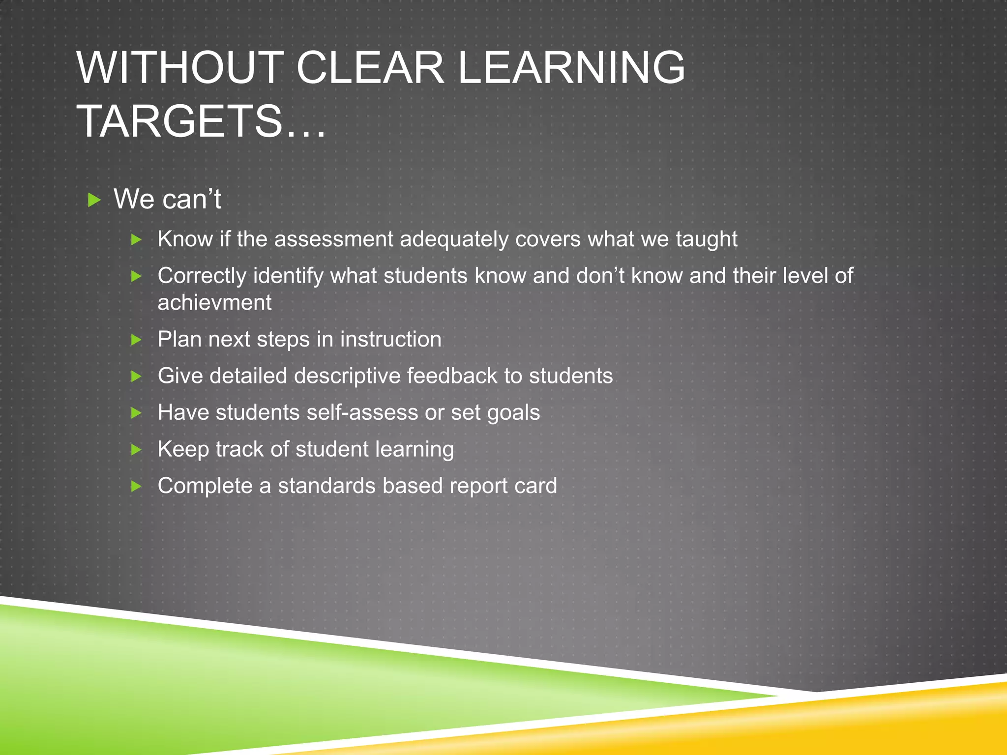 WITHOUT CLEAR LEARNING
TARGETS…
 We can’t
 Know if the assessment adequately covers what we taught
 Correctly identify what students know and don’t know and their level of
achievment
 Plan next steps in instruction
 Give detailed descriptive feedback to students
 Have students self-assess or set goals
 Keep track of student learning
 Complete a standards based report card
 