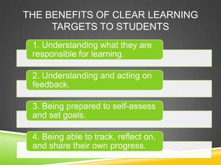 THE BENEFITS OF CLEAR LEARNING
TARGETS TO STUDENTS
1. Understanding what they are
responsible for learning.
2. Understanding and acting on
feedback.
3. Being prepared to self-assess
and set goals.
4. Being able to track, reflect on,
and share their own progress.
 