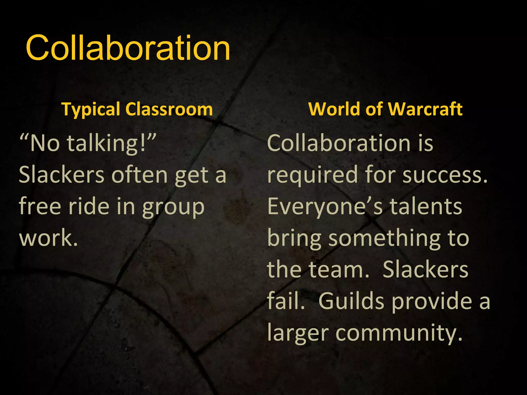 Collaboration Typical Classroom World of Warcraft “ No talking!” Slackers often get a free ride in group work. Collaboration is required for success.  Everyone’s talents bring something to the team.  Slackers fail.  Guilds provide a larger community. 