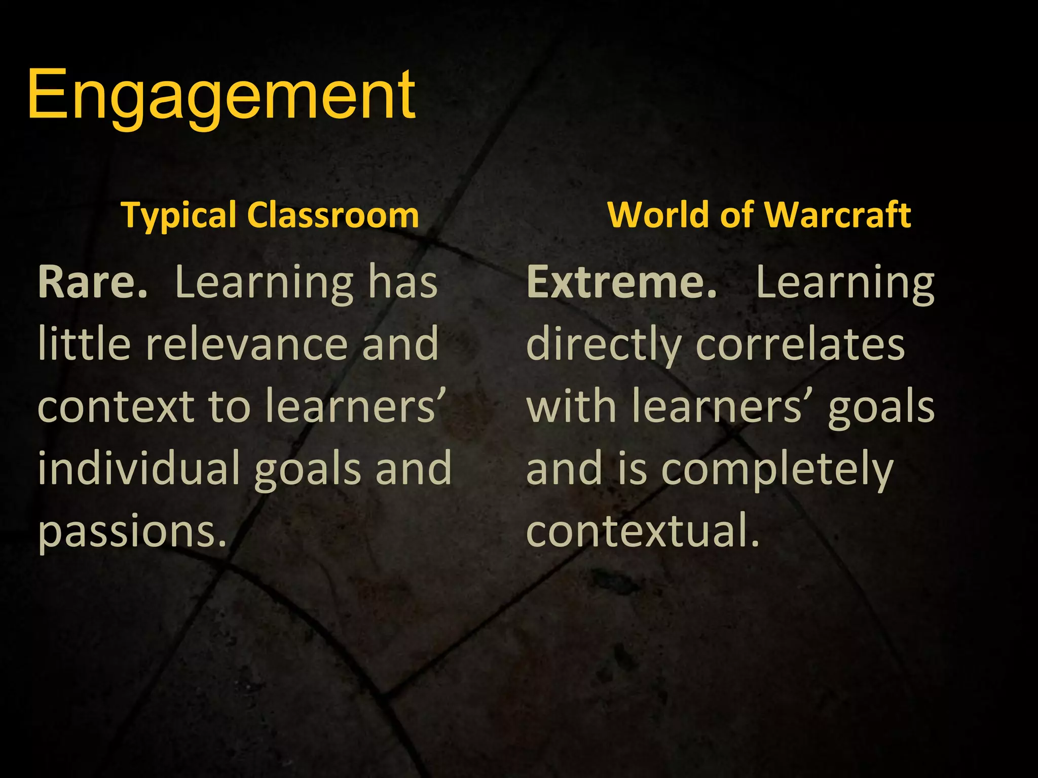 Engagement Typical Classroom World of Warcraft Rare.  Learning has little relevance and context to learners’ individual goals and passions.  Extreme.  Learning directly correlates with learners’ goals and is completely contextual. 