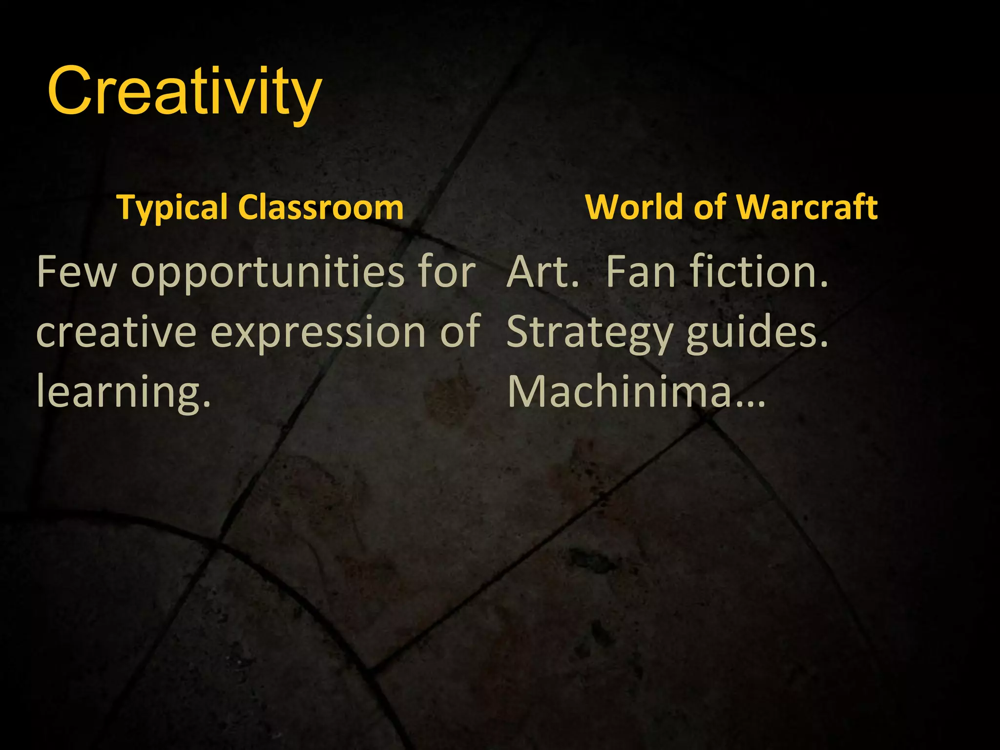 Creativity Typical Classroom World of Warcraft Few opportunities for creative expression of learning. Art.  Fan fiction.  Strategy guides.  Machinima… 