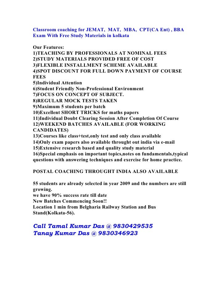 Classroom Coaching For Jemat Mat Mba Cpt Ca Ent Bba Exam Wit
