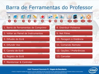 Barra de Ferramentas do Professor

    1         2                3            4           5               6               7           8            9               10          11              12     13


1. Barra de Ferramentas de Comprimir                                                                   8. Distribuir Ficheiros

2. Voltar ao Painel de Instrumentos                                                                    9. Net Filme

3. Difusão do Ecrã                                                                                     10. Paragem à Distância

4. Difundir Voz                                                                                        11. Comando Remoto

5. Caneta de Ecrã                                                                                      12. Opções / Preferências

6. Registo de Ecrã                                                                                     13. Cancelar

7. Monitorizar & Controlar


                                         Intel®-Powered Classmate PC, Viagem da Descoberta
        A Intel e o respectivo logótipo são marcas ou marcas registadas da Intel Corporation ou das respectivas subsidiárias nos Estados Unidos e noutros países.
                                           *Outros nomes e marcas podem ser reivindicados como sendo propriedade de outros.
 