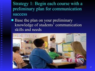 Strategy 1: Begin each course with a preliminary plan for communication success Base the plan on your preliminary knowledge of students’ communication skills and needs 